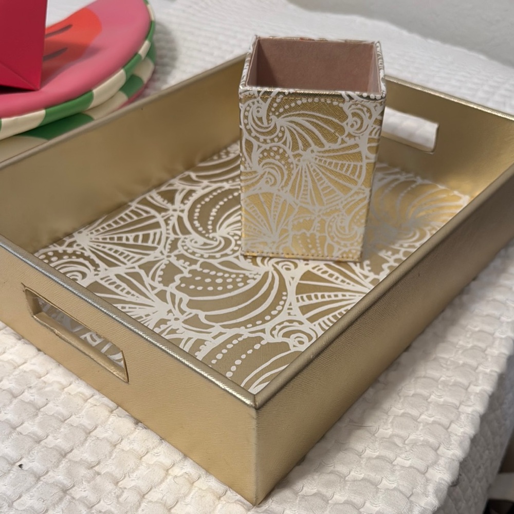 Gold and White Decorative Tray Set by Lilly Pulitzer in print Seaside